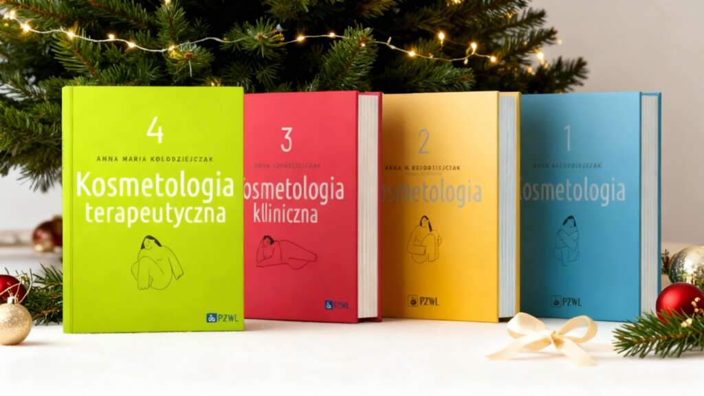 Vier bunte Bücher über Kosmetologie nebeneinander, im Hintergrund ein Weihnachtsbaum und festliche Dekorationen.