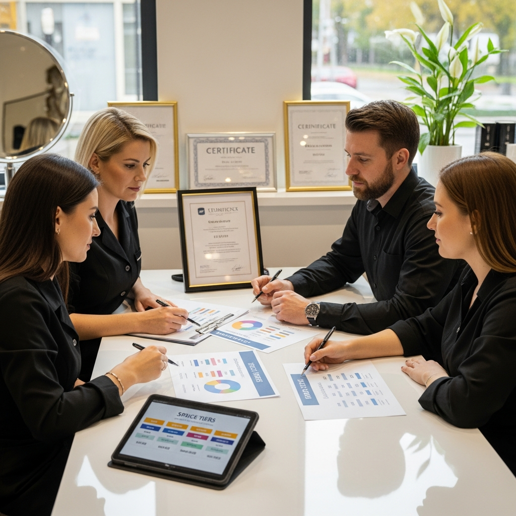 Ein Team von Kosmetologen, das die Preisstrategie und Schulungen in der kosmetologischen Praxis diskutiert