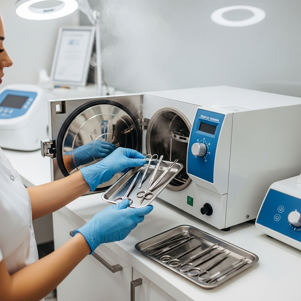 Kosmetologin, die Werkzeuge im Autoklaven sterilisiert, kosmetologisches Büro, Hygienefehler